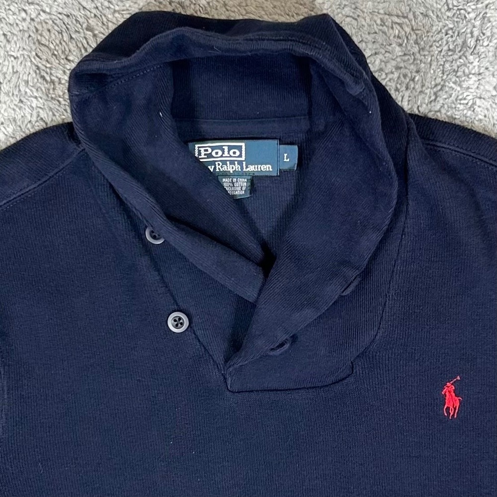 Polo Ralph Lauren Mens Navy Blue Shawl Collar Button Sweatshirt Large Red Pony